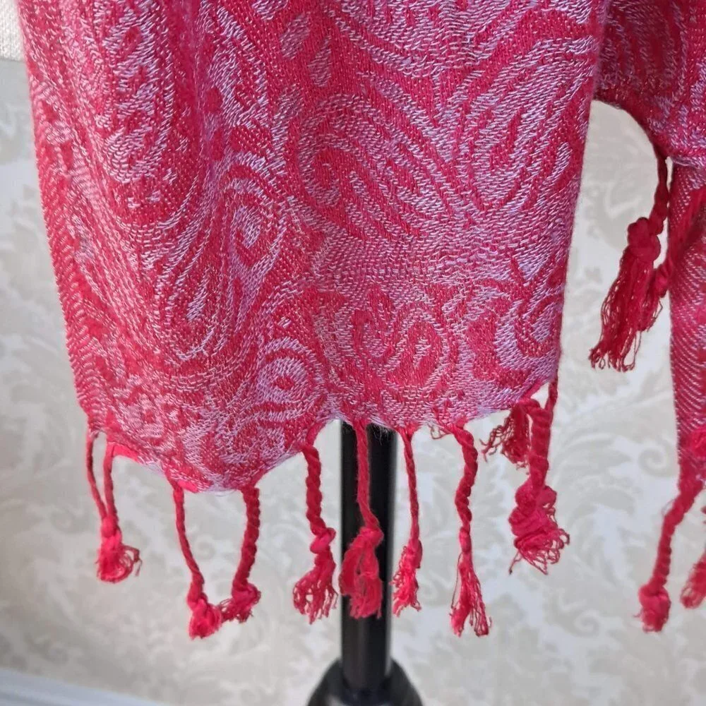 Bright Pink Silver Pashmina Scarf Wrap Fringed Ends Paisley Pattern EUC